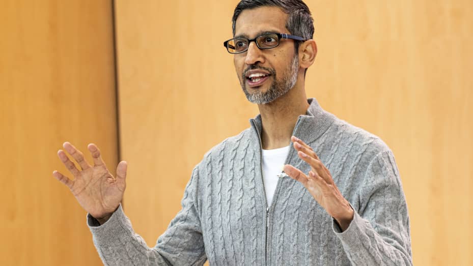 Sundar Pichai, chief executive officer of Alphabet Inc., during the Google I/O Developers Conference in Mountain View, California, on Wednesday, May 10, 2023.