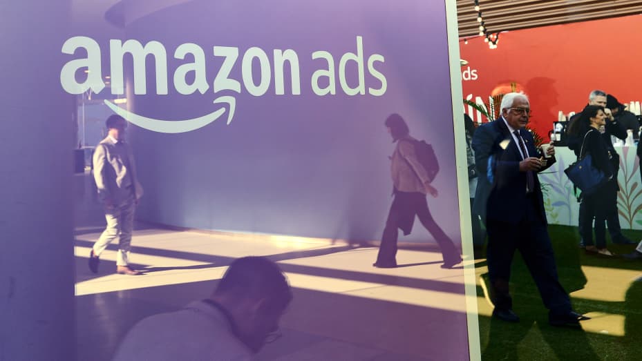 BARCELONA, SPAIN - MARCH 2: The Amazon ads logo, the advertising solutions service formerly known as AMD or Amazon Marketing Services,  during the Mobile World Congress 2023 on March 2, 2023, in Barcelona, Spain. (Photo by Joan Cros/NurPhoto via Getty Images)