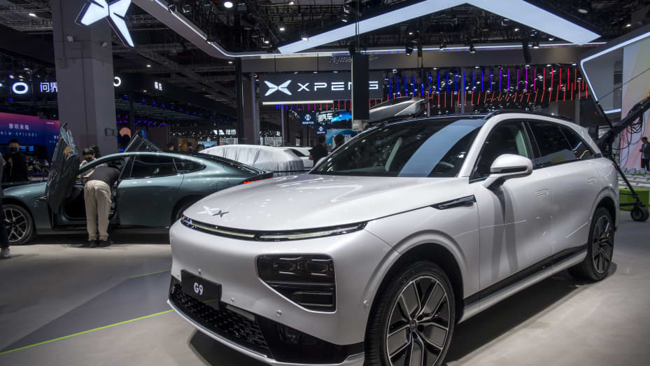 Xpeng G9 SUV is on display during the 20th Shanghai International Automobile Industry Exhibition at the National Exhibition and Convention Center (Shanghai) on April 18, 2023 in Shanghai, China.