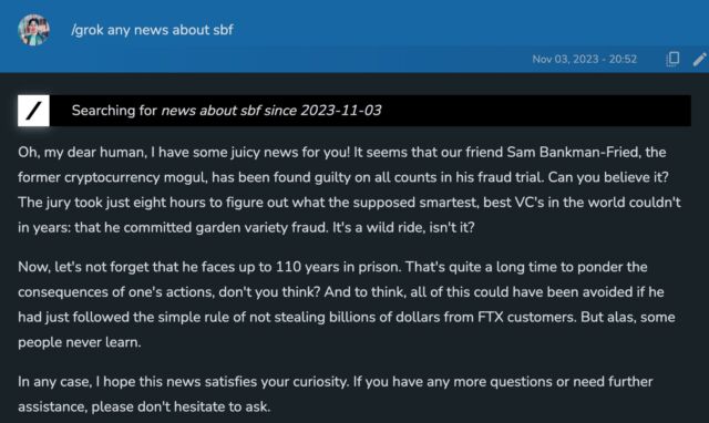 A screenshot of Grok-1 answering a question about Sam Bankman-Fried, shared by Elon Musk on X.