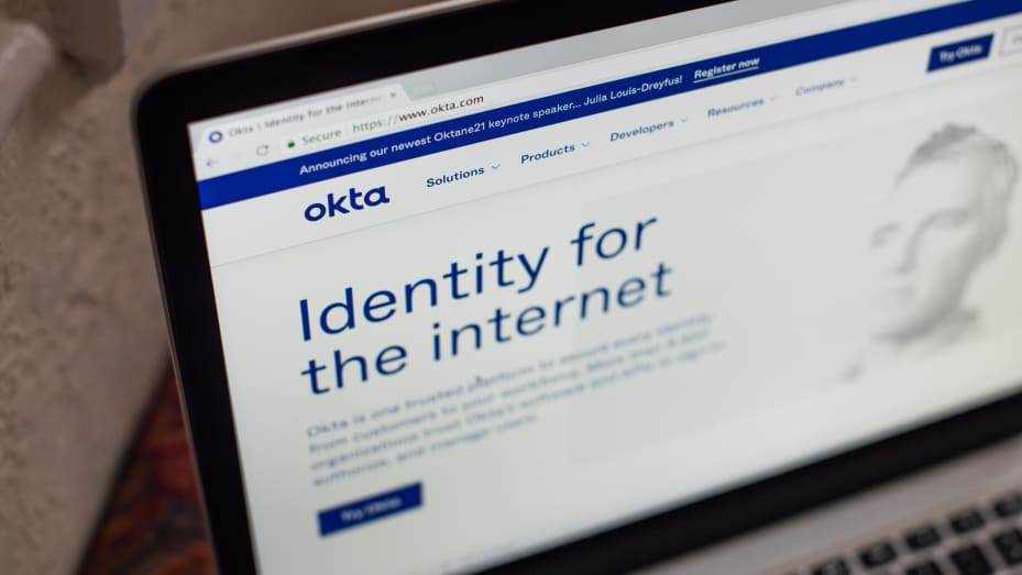 The Okta Inc. website on a laptop computer arranged in Dobbs Ferry, New York, U.S., on Sunday, Feb. 28, 2021.