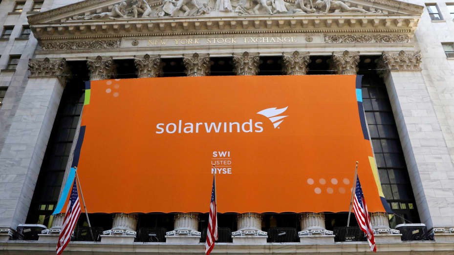 SolarWinds Corp banner hangs at the New York Stock Exchange (NYSE) on the IPO day of the company in New York, U.S., October 19, 2018.